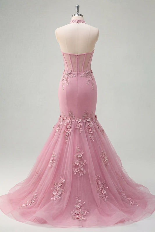 Robe de bal longue sirène Taro avec corset licou orné de perles et fleurs 3D