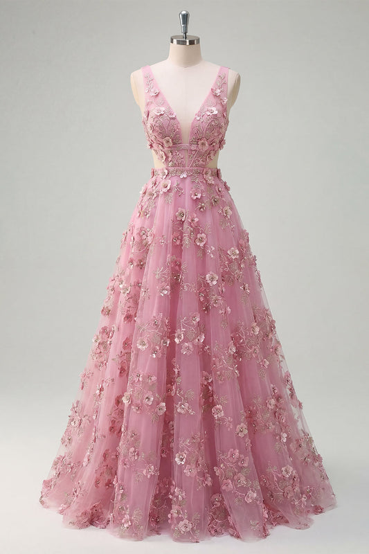 Robe de bal longue en tulle de taro coupe trapèze avec décolleté en V, ornements de perles, appliques et fleurs 3D