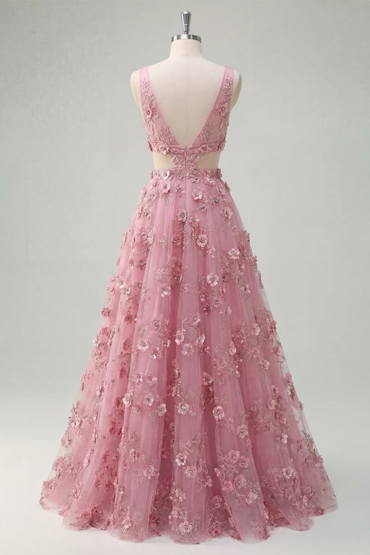 Robe de bal longue en tulle de taro coupe trapèze avec décolleté en V, ornements de perles, appliques et fleurs 3D