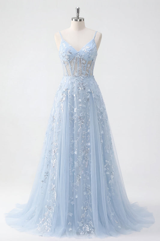 Blue A-Line Sequin Corset Appliquéd Long Prom Dress