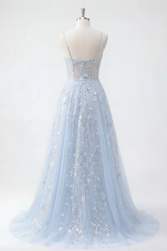 Blue A-Line Sequin Corset Appliquéd Long Prom Dress
