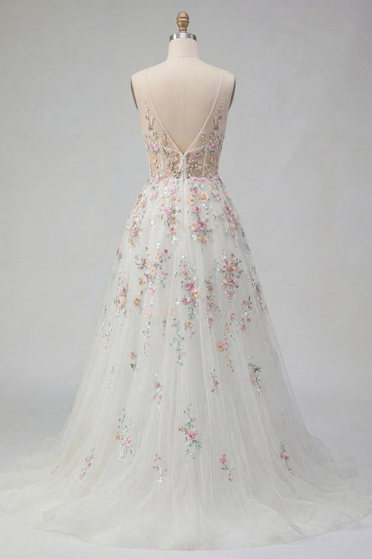 White A-Line Sequin Long Wedding Dress with 3D Flowers