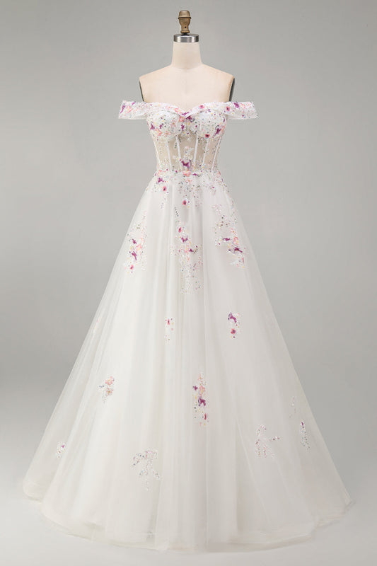 Sparkly White Beaded Off-the-Shoulder Floral Corset A-Line Long Wedding Dress
