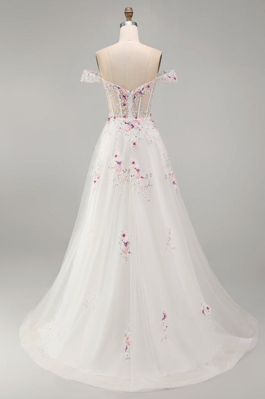 Sparkly White Beaded Off-the-Shoulder Floral Corset A-Line Long Wedding Dress