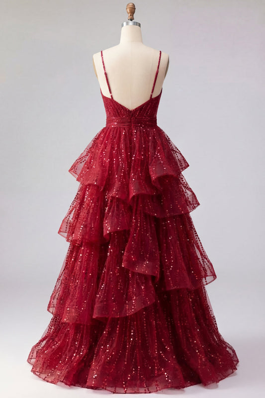 Sparkly Burgundy Spaghetti Straps A-Line Long Sequin Prom Dress with Ruffles
