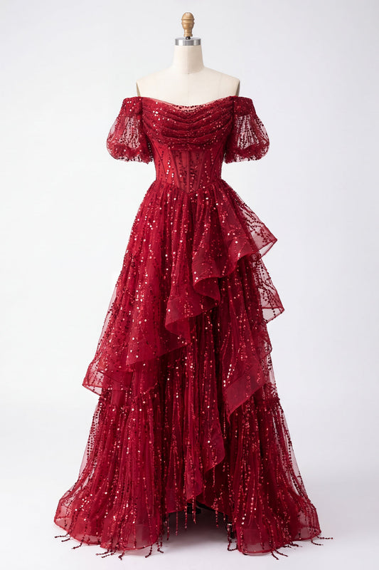 Sparkly Burgundy Puff Sleeve A-Line Sequin Long Corset Prom Dress with Ruffles