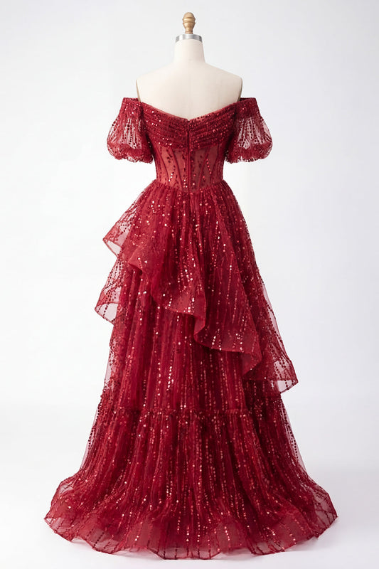 Sparkly Burgundy Puff Sleeve A-Line Sequin Long Corset Prom Dress with Ruffles