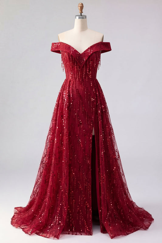 Sparkly Burgundy Off the Shoulder A-Line Sequin Long Prom Dress with Cape
