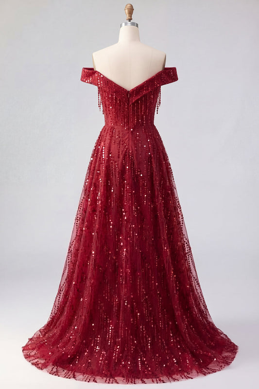 Sparkly Burgundy Off the Shoulder A-Line Sequin Long Prom Dress with Cape
