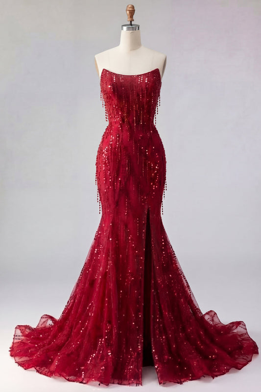 Sparkly Burgundy Mermaid Long Sequin Prom Dress with Slit