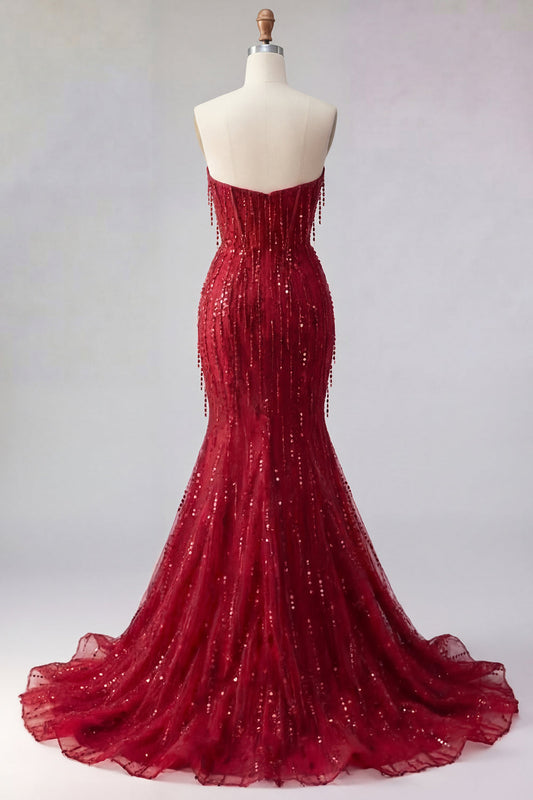 Sparkly Burgundy Mermaid Long Sequin Prom Dress with Slit
