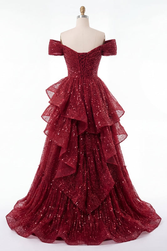 Sparkly Burgundy Off the Shoulder Sequin Ruched Long Prom Dress with Ruffles