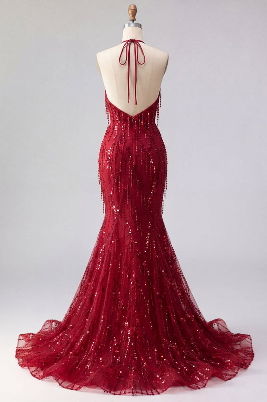 Sparkly Burgundy Halter Backless Mermaid Long Beaded Prom Dress with Fringes