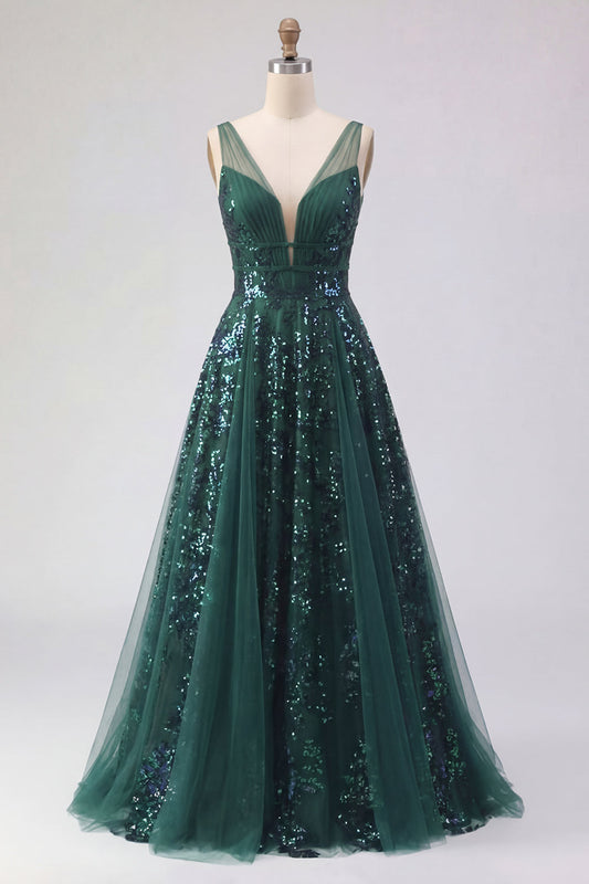 Sparkly Dark Green V-Neck Tulle A-Line Long Sequin Prom Dress