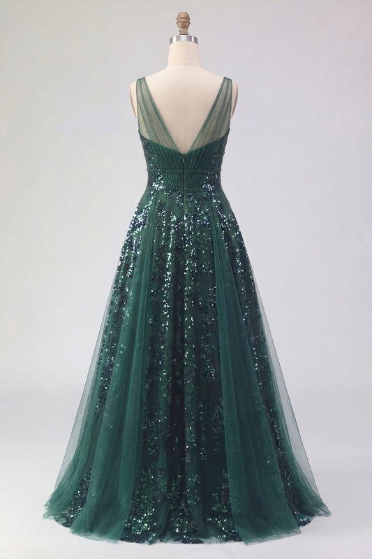 Sparkly Dark Green V-Neck Tulle A-Line Long Sequin Prom Dress