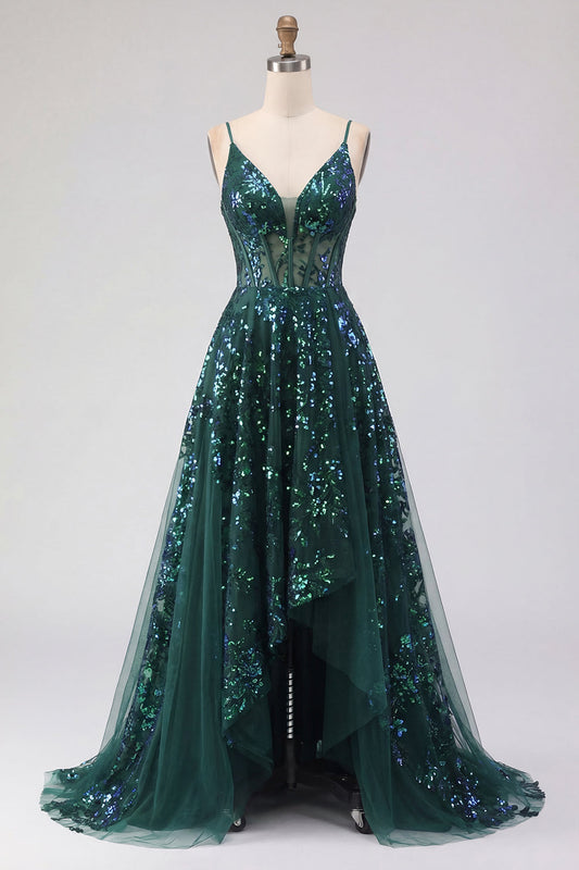 Sparkly Dark Green Corset Tulle High-Low Sequin Prom Dress