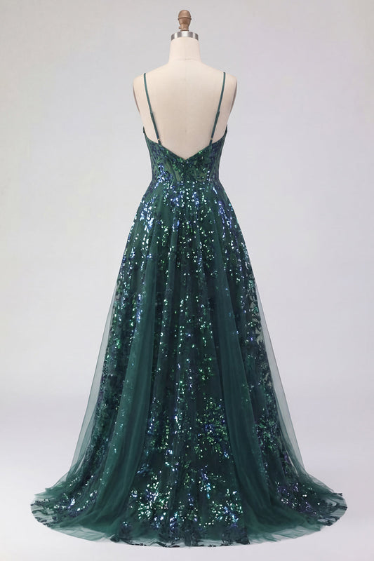 Sparkly Dark Green Corset Tulle High-Low Sequin Prom Dress