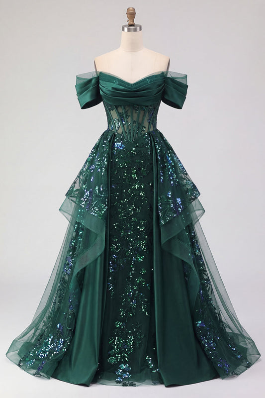Sparkly Dark Green Sequin A-Line Off the Shoulder Corset Ruched Long Prom Dress