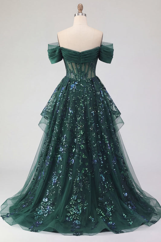 Sparkly Dark Green Sequin A-Line Off the Shoulder Corset Ruched Long Prom Dress