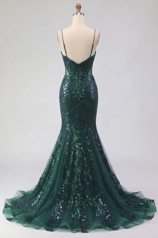 Sparkly Dark Green Mermaid Spaghetti Strap Sequin Tulle Long Prom Dress with Appliques