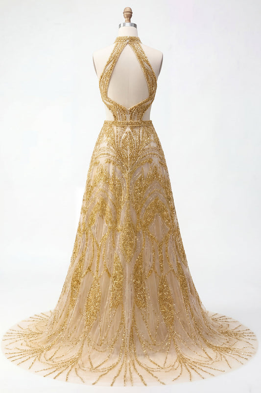 Sparkly Golden Halter A-Line Hollow Long Prom Dress with Beading