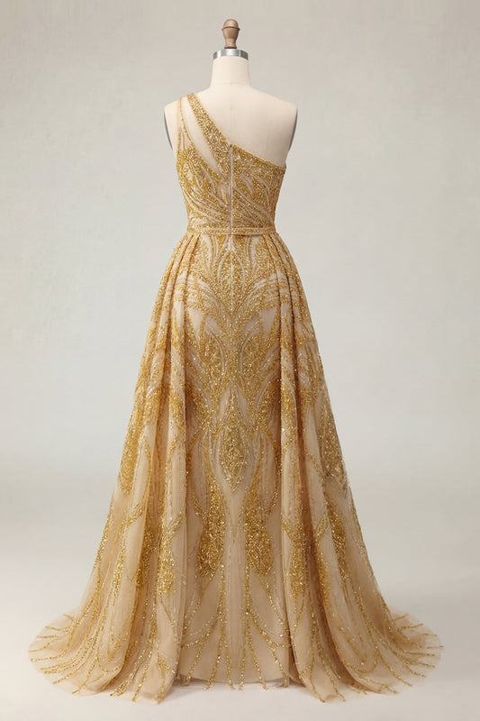 Sparkly Golden Mermaid One Shoulder Beaded Long Prom Dress with Chapel Train