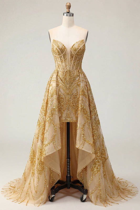Sparkly Golden Sweetheart Bodycon Corset Beaded Mini Prom Dress with Ruffles Chapel Train