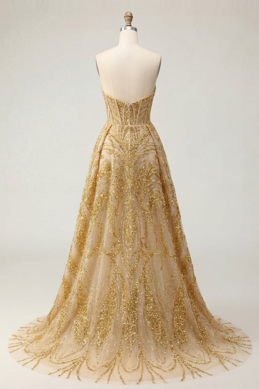 Sparkly Golden Sweetheart Bodycon Corset Beaded Mini Prom Dress with Ruffles Chapel Train