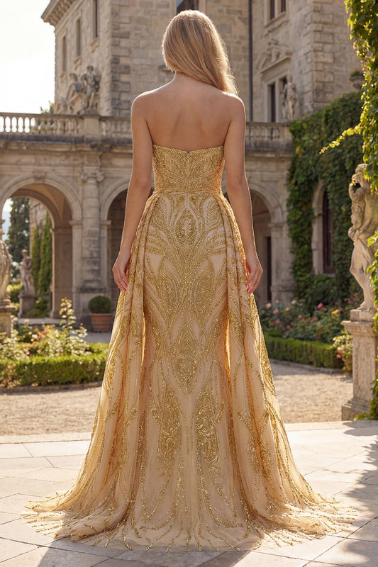 Vestido de fiesta de sirena sin tirantes dorado brillante con drapeado lateral