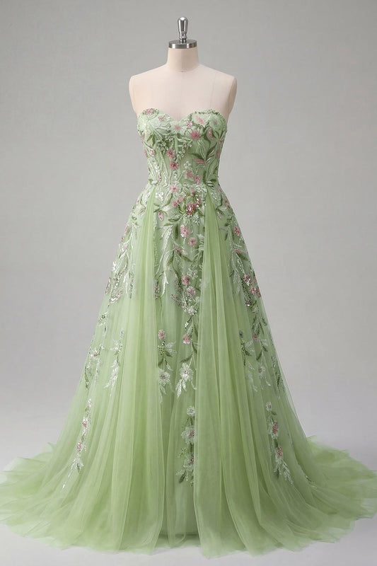 Vestido de fiesta de tul con bordado floral verde y escote palabra de honor