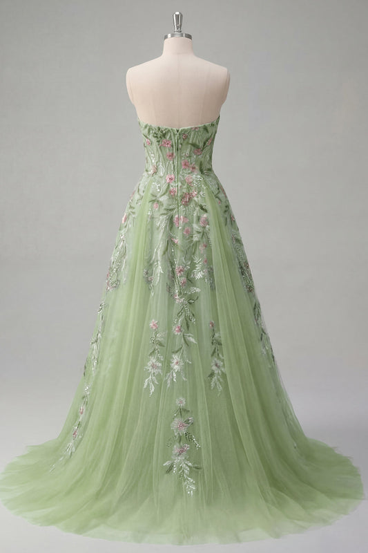 Vestido de fiesta de tul con bordado floral verde y escote palabra de honor