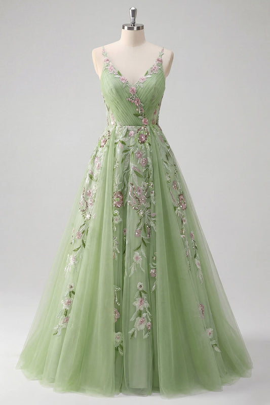 Green Spaghetti Straps Floral A Line Tulle Prom Dress