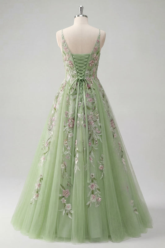 Green Spaghetti Straps Floral A Line Tulle Prom Dress