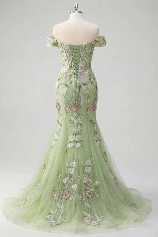 Robe de bal sirène verte en tulle brodé à épaules dénudées