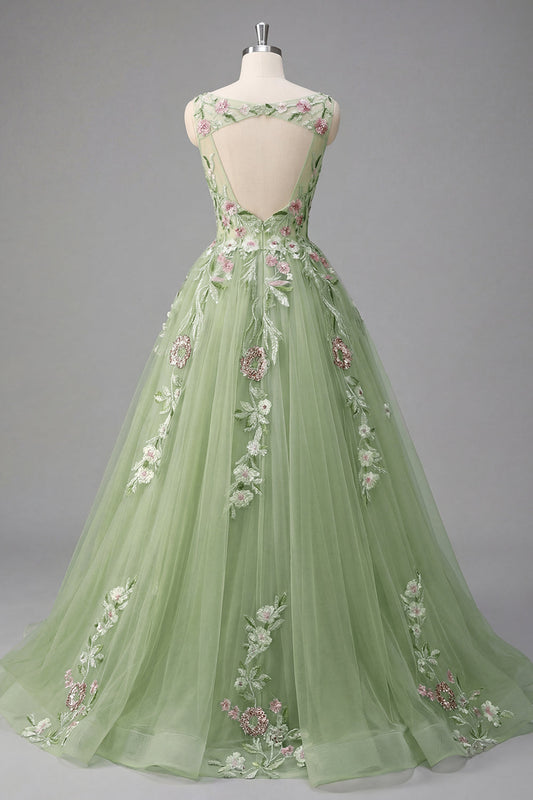 Green Floral Bateau Neck A Line Appliqued Prom Dress