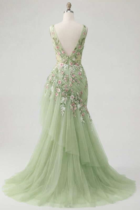 Green Floral V-Neck Ruffled Mermaid Appliqued Prom Dress