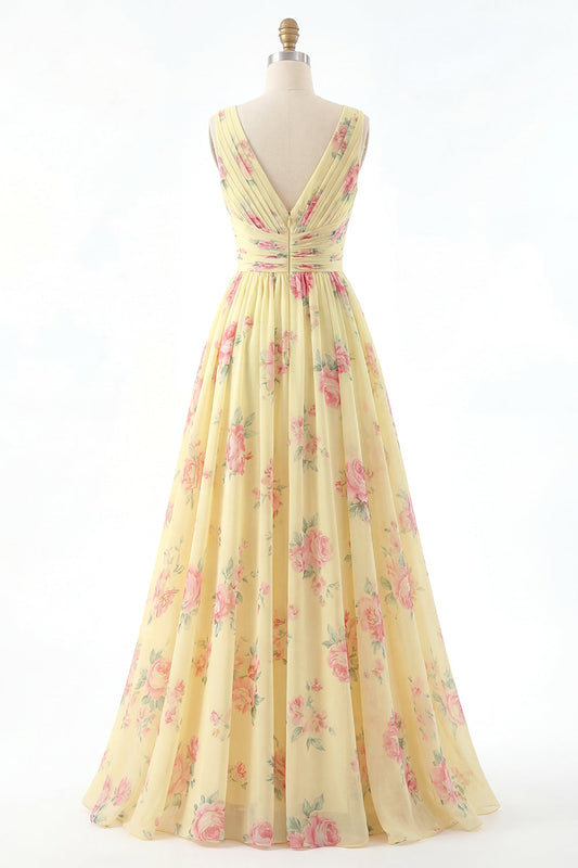 Yellow V-Neck Ruched A Line Floral Prom Dress with Slit
