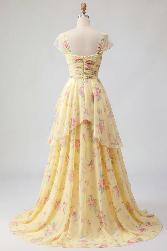 Yellow Cap Sleeves A Line Ruffled Floral Prom Dress with Slit