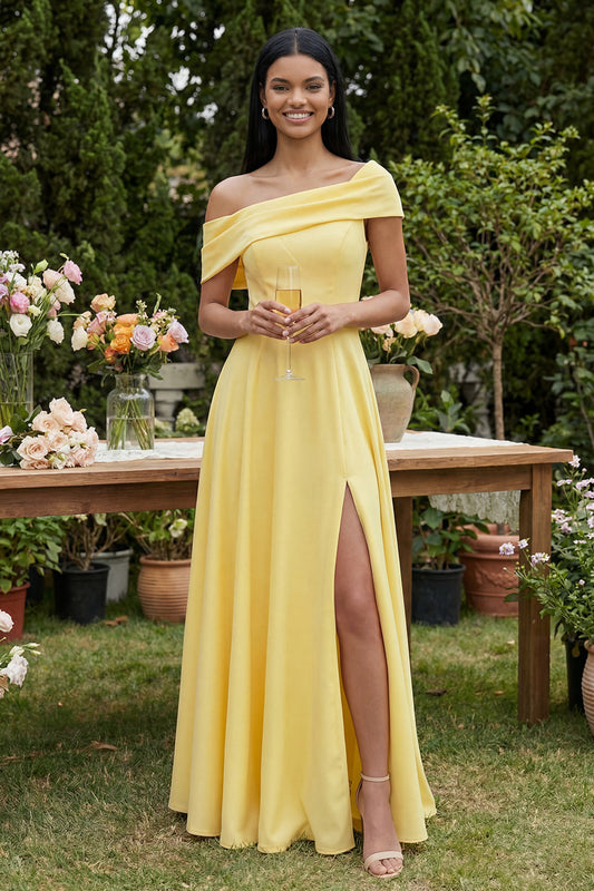 Yellow A-Line One Shoulder Maxi Dress with Slit