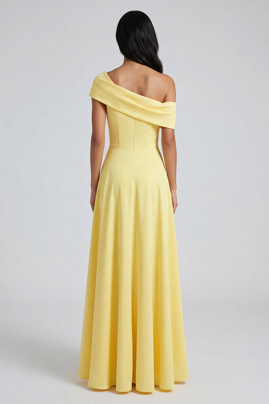 Yellow A-Line One Shoulder Maxi Dress with Slit