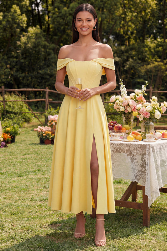A-Line Off the Shoulder Yellow Corset Maxi Dress with Slit