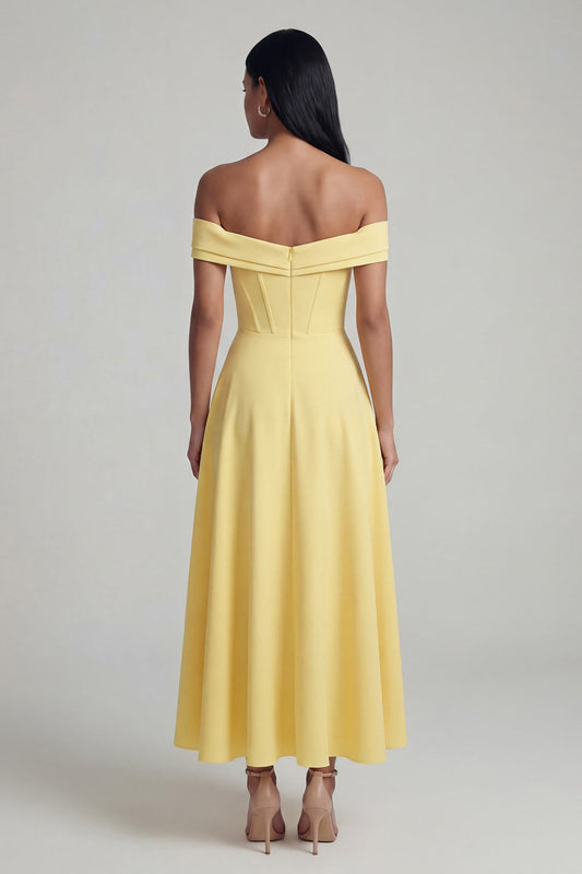 A-Line Off the Shoulder Yellow Corset Maxi Dress with Slit