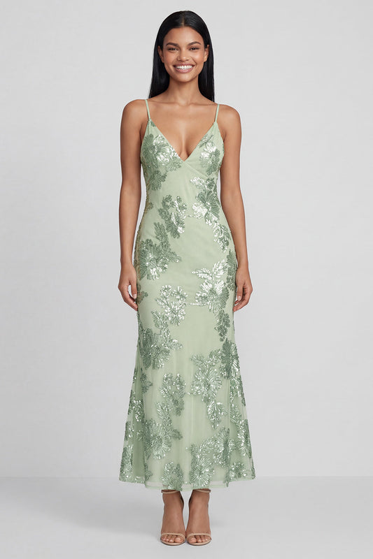 Robe longue vert sauge fourreau à fines bretelles avec broderie florale et laçage au dos