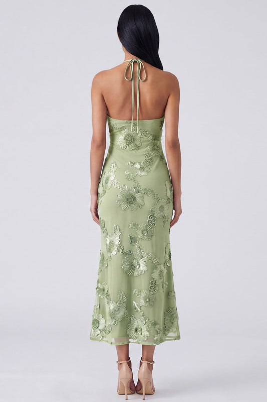 Robe mi-longue sirène sans manches à broderies florales Sage