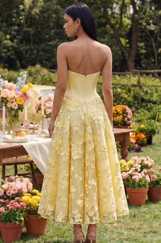 Strapless Yellow Floral A Line Midi Dress