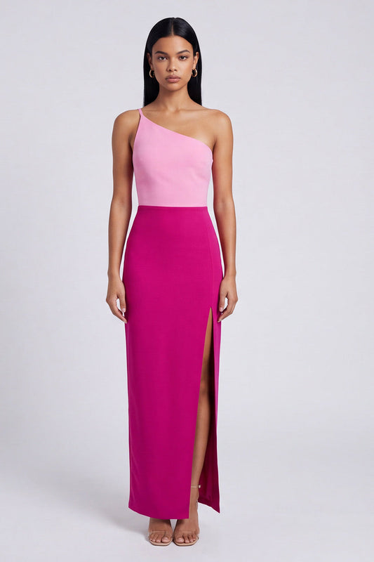 Robe longue moulante en velours rose et fuchsia à une épaule avec fente