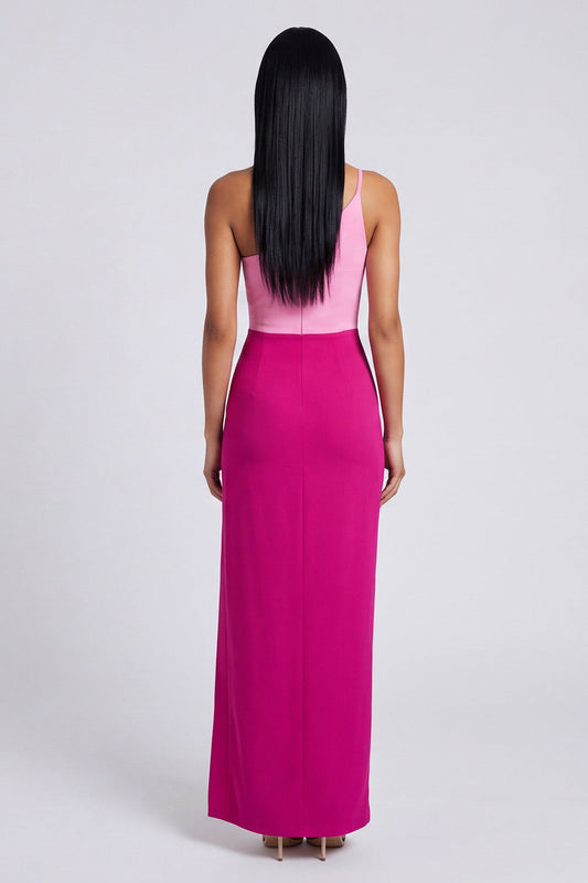 Robe longue moulante en velours rose et fuchsia à une épaule avec fente