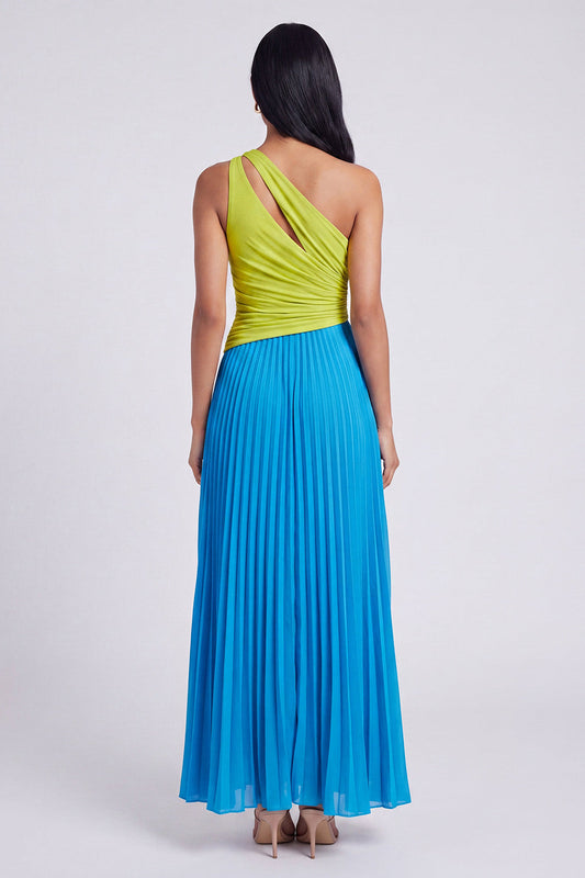 A-Line Green and Blue One Shoulder Pleated Ruched Maxi Dress
