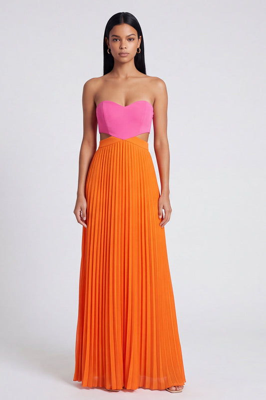 Robe longue plissée rose et orange coupe trapèze avec décolleté en cœur
