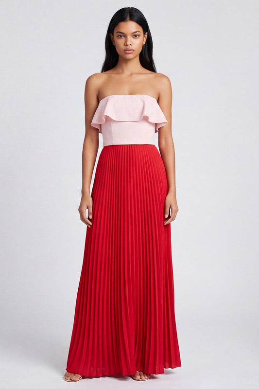 Robe longue plissée rose et rouge à volants avec épaules dénudées